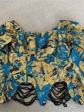 Utopia Africa Designs Gold & Blue Floral Long Sleeve Top with Black Bead Trim